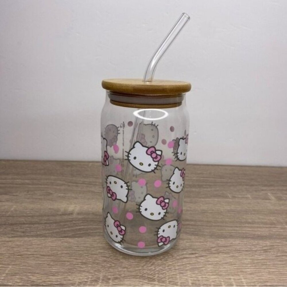 Hello Kitty Pink Face Glass Straw Can Cup NEW